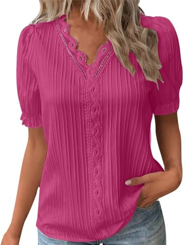 Tee Shirt Femme Col V Dentelle Tunique Femme Grande Taille été Léger Chemise Femme Chic Et élégant Manche Courte Blouse Top Haut Femme Ete Fluide Pas Cher Fashion Soiree (Rose-1, S)