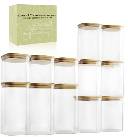 LIBWYS 12er Set Vorratsgläser mit Deckel Eckig Vorratsdose Glas - in 3 Größen: 720ml;1150 ml; 1580 ml - 12pcs Plus Edition