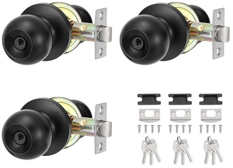 PATIKIL Round Key Entry Door Knobs Interior, 3 Pack Round Stainless Steel Bedroom Bathroom Door Knob with Lock Entry Indoor Outdoor Door, Black