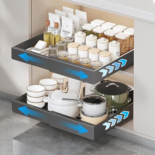 FDOUIGE Teleskopschublade,Ausziehbare Schublade Küche(31-52 cm B x 43 cm T x 7.5 cm H)- Küchenschublade zum kleben nachrüsten ohne Bohren (Grau)