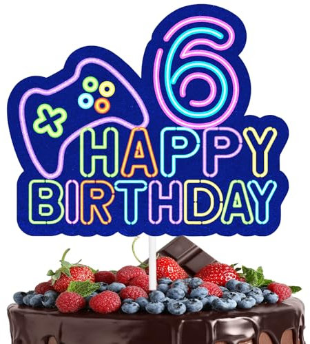 Game Night Cake Topper Video Game Themed 6th Happy Birthday Controller Unlocked Decoration, Game Night Party, Boy and Girl Birthday Party Neon Game Console Decoration, Birthday Gifts for Kids.