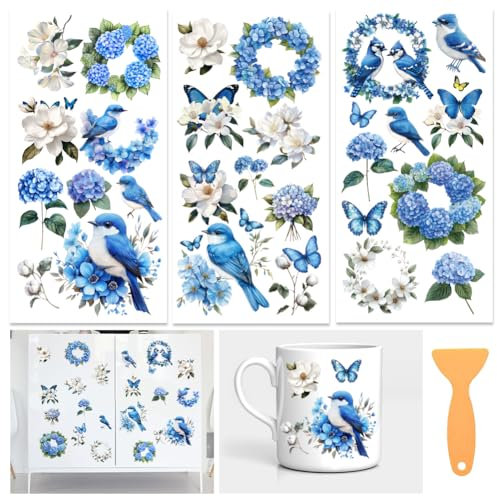 ORIGACH 3 Blatt Groß Rub-On-Transfer-Aufkleber 30 x 15 cm, Blaue Hortensienblüten Und Vögel Rub On Aufkleber Transfers Sticker für Möbel Glas Holz Deko Handwerksaufkleber Für DIY-Scrapbooking