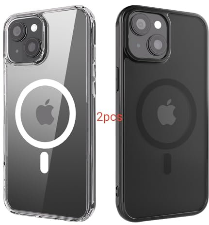ANEWSIR Cover Magnetica Per iPhone 13/iPhone 14 2 Pezzi (Trasparente + Opaca Nero), Compatibile con Magsafe, Protezione Antiurto, Custodia per iPhone 13/iPhone 14 6.1 pollici.