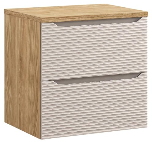 Lomadox Badezimmer Waschtischunterschrank 60cm in Eiche, Front in beige mit 3D-Oberfläche