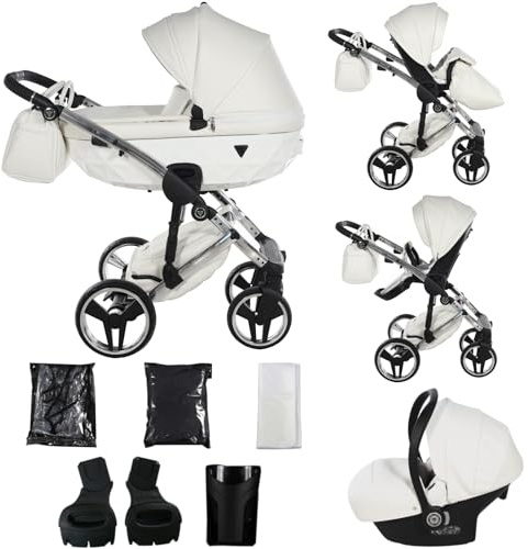 Junama Kinderwagen Diamond Fluo Individual 2in1 3in1 4in1 (15 - Weiß und Silber, 3in1 mit Autositz)