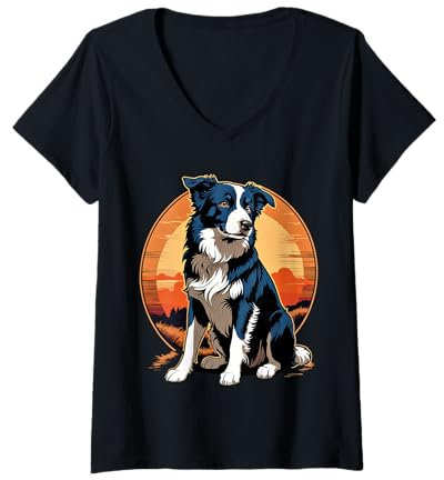 Damen Border Collie Art für Herren und Damen, Welpen, Border Collie T-Shirt mit V-Ausschnitt