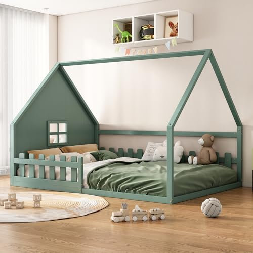 WIZBED Kinderbett Hausbett 140x200, Montessori Bodenbett mit Rausfallschutz und Lattenrost, Holzbett für Jungen und Mädchen, Grün,ohne Matratze
