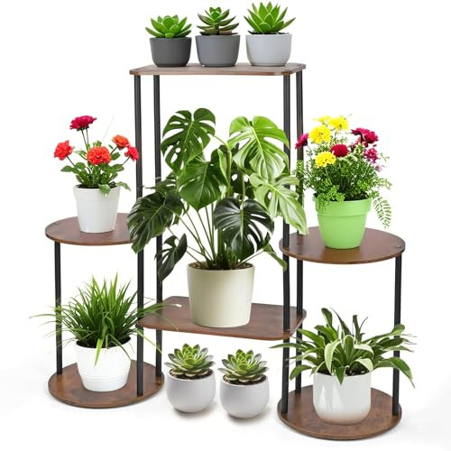 Vankarr Supporto per fiori a 4 livelli, in legno, a più piani, per interni, giardino, balcone, decorazione nera + piastra in legno marrone