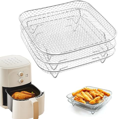 AZKEEGREY 3 Layers 20 cm Air Fryer Racks Square Air Fryer Basket Tray, Stainless Steel Air Fryers Accessories Stacking Bacon Racks for Air Fryer Baking and Oven