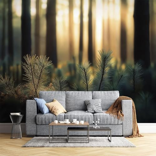 Fototapete Grüne Kiefern Sonniger Wald Panorama Natur Modern Wohnzimmer Schlafzimmer Wandtapete Seide Tapete Motivtapeten Bildtapete 3D Effekt Wand Dekoration (400X280Cm)
