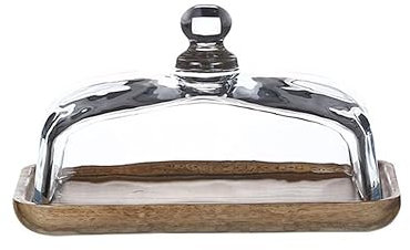 Esmberry - Glass Butter Dish with Lid, Acacia Wood Base, Small Butter Container for 250g, Elegant Fridge & Table Storage