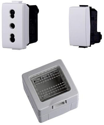 Cassetta Elettrica IP55, Completa Di Frutti Compatibile Con Bticino Matix, 2 Moduli Presa Bipasso 10/16A + Interruttore, Scatola Con Coperchio Da Muro Parete Esterno e Interno