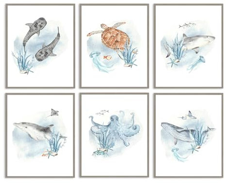 Dazzlewall 6er Set Kinder Ozean Wandbilder mit Wal Hai Schildkröte Tintenfisch, Unterwasser Meerestier Leinwand Bilder für Kinderzimmer Badezimmer, Blaue Meeresleben Deko 20×25 cm Ungerahmt