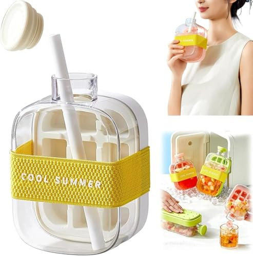 2 in 1 Ice Cube Water Bottle with Straw | Portable Press-to-Release Ice Tray for Home, Office & Outdoor | Leakproof BPA-Free Reusable Ice Maker for Drinks, Picnics (White, 500ml)