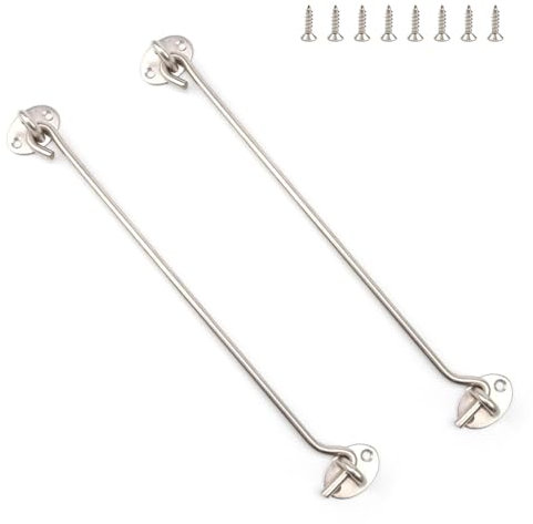 PHMING 2 Stück Sturmhaken Edelstahl 12 Zoll, Sturmhaken mit Ösem Silber, Haken mit Öse, Enthält 8 Schrauben, für Verriegeln von Fenstern, Jalousien, Schiebetüren, Garagentoren