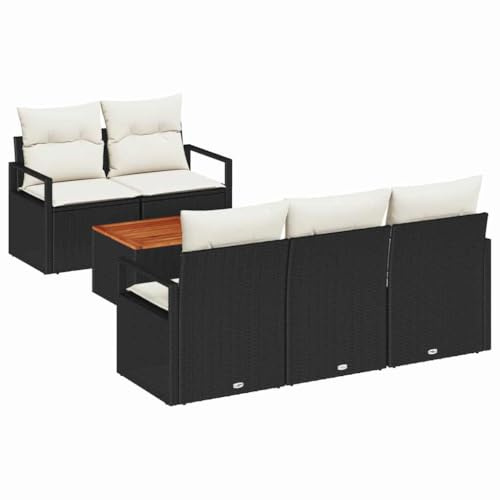 vidaXL 6-teiliges Gartensofa-Set mit Kissen in Schwarz aus Poly Rattan und Akazienholz – wetterfeste Outdoor-Möbel für Terrasse, Lounge und den Gartenbereich