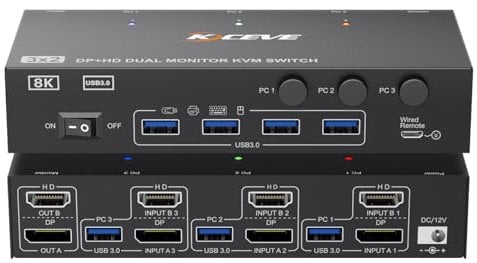 KVM Switch 3 PC 2 monitor 8K@60Hz,4K@144Hz,MLEEDA HDMI e Displayport Dual Monitor KVM Switch con 4 porte USB 3.0 per tastiera mouse, con telecomando via cavo, adattatore di alimentazione e cavo USB