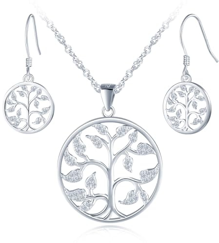 MicLee Parure di gioielli in argento 925 da donna, collana ciondolo albero della vita creativo, Orecchini gancio con albero della vita, gioielli eleganti