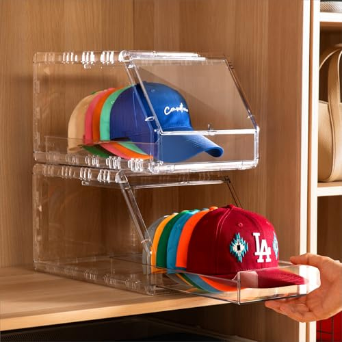 Ozueccr Cap Organizer Box for Baseball Caps, 2 Pack, Crystal Clear