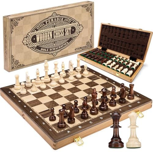Peradix 48 x48CM Große Schachspiel aus Holz - Klappbares Schachbrett Holz Hochwertig mit 34 Große&Schwere Schachfiguren- Schach für Erwachsene und Kinder (48×48cm, Braun)