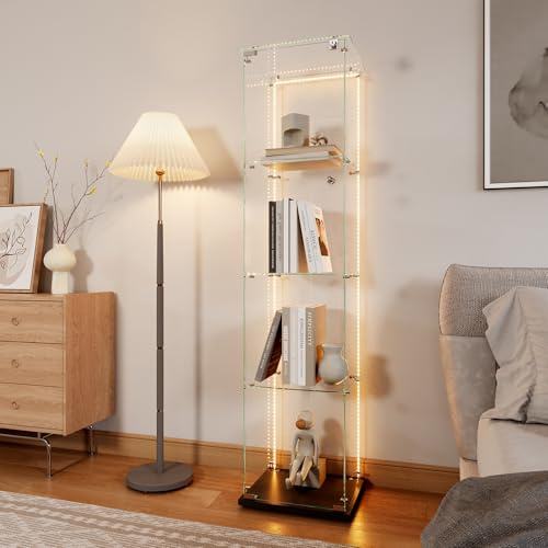 TIMORWTF Vitrine aus Glas mit LED-Streifen, Vitrine für Sammlung, transparent, Vitrinenschrank aus Glas mit 1 Türen mit Schloss und 4 Regalböden, Vitrinen für Wohnzimmer, Bar, 163 x 40 x 35 cm