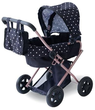 Teamson Kids 2-in-1 Classic Doll Stroller in Black with Removable Bassinet, Adjustable Canopy, Storage Basket & Bag, Encourages Nurturing & Creativity