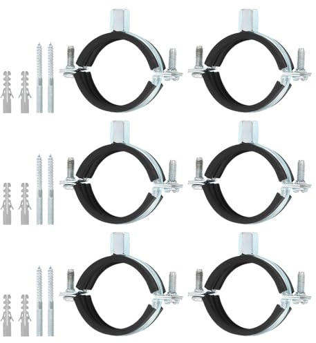 TA-VIGOR 6 Pcs Adjustable Pipe Bracket Clamp 2(50mm), Wall Ceiling Mount Split Ring Pipe Hanger, Heavy Duty Galvanised Iron Strap Clamp with Rubber Cushion for Water Gas Drain