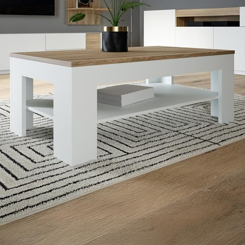 Forte Lewisville Couchtisch 110, moderner Sofatisch mit Ablagefach, Holzwerkstoff, Wohnzimmer, Secret Grey | Valenica Eiche Holzdekor, 110 cm breit x 45,5 cm hoch x 60 cm tief