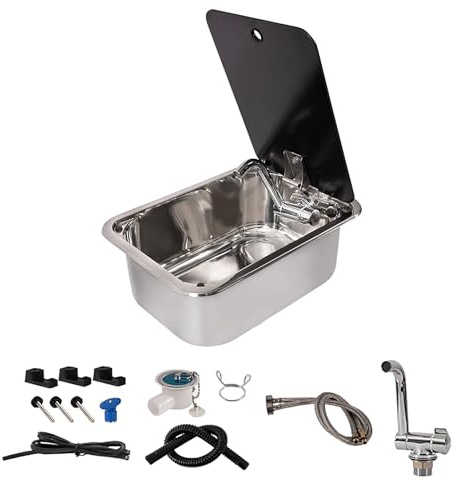 Edelstahl Camping Spüle, Edelstahl Spülbecken, Camping Wohnmobil Waschbecken Mit Wasserhahn Pumpe, Abdeckung Aus Gehärtetem Glas, Für Wohnmobile, Kleine Küchen (Square)