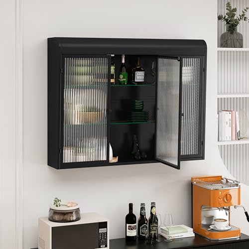 Ligterra Küchenhängeschränke Wandschrank mit 3-Türige aus Glas, Bogenförmige Hängevitrine, Hängeschrank Küche, Badschrank Sideboard für Küche, Wohnzimmer und Badezimmer(Schwarz)