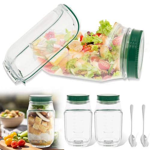 2pcs Salad Pod Container, Vertical Layering Salad-Jars Built-In Bowl Design, Plastic Interval Salads Box with Leak Proof Dressing Case,Portable Fresh Salads Storage for Lunch (Green with fork(2pcs))