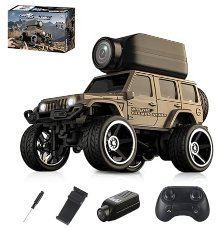 SpedUpX KF32 1:64 Die-Cast RC Crawler with Camera, Full-Scale 4WD Mini Desktop Off-Road Remote Control Car, High-Performance Racing Model(Yellow)
