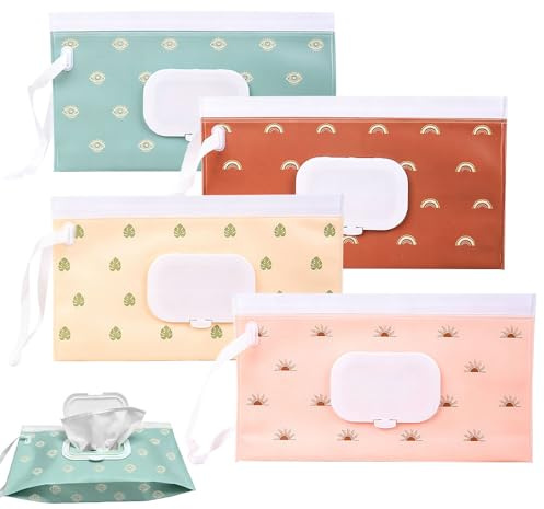 Vmoomax Wet Wipes Bag for Babies, Pack of 4 Wet Wipes Box On the Go Reusable Wet Wipe Dispenser for Baby Travel Home Office