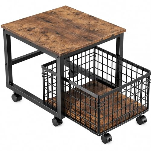 Aptliton Heavy Duty Portable Mini Fridge Stand with Lockable Wheels - Metal & Wooden Storage Organizer with Rolling Drawer Basket - Kitchen, Bedroom, Office Use - 54x50x45.7cm - Black