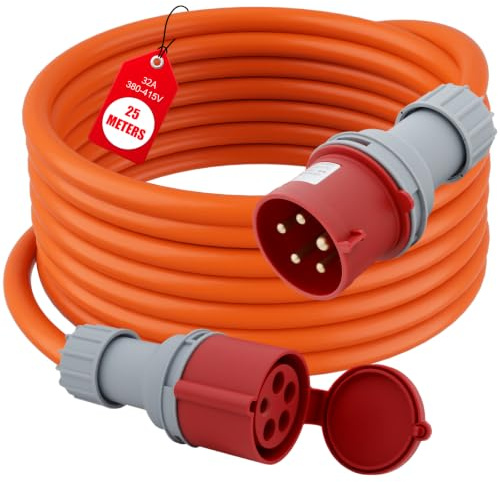 Starkstrom Verlängerungskabel 32A 25m für Camping – Industrielles Kabel 240V 5G2,5mm², IP44 Außenbereich, Signalfarbe Orange, Made in Germany, für Wohnwagen und Wohnmobil