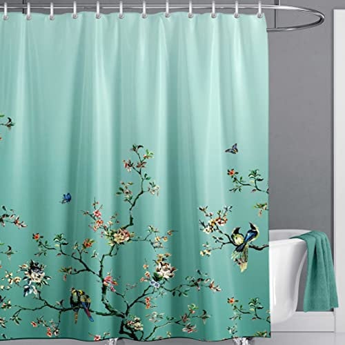 Livetty Duschvorhang Anti-Schimmel 180x180cm, Blumen Vogel mit 12 Duschvorhängeringen, Wasserdicht, Waschbar, 3D Digitaldruck Grün Pflanze Shower Curtain