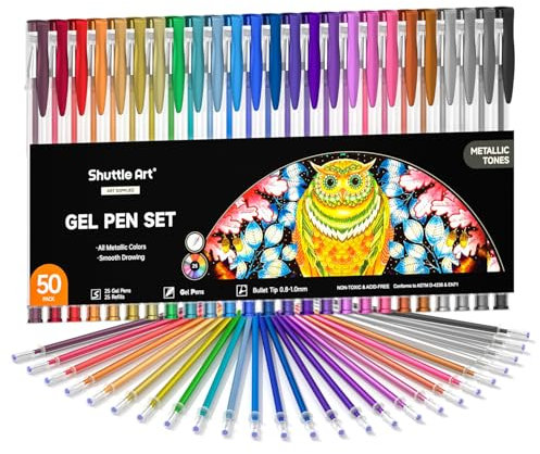Shuttle Art 50 Stück Metallic Gelschreiber, 25 Stück Metallic Bunte Gelstifte mit 25 Nachfüllminen Perfekt für Erwachsene zum Ausmalen, Graffiti Zeichenbücher, Zeichnen von Kunststiften