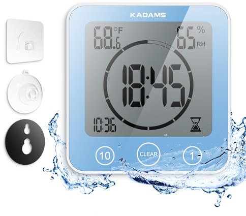 KADAMS Digital Bathroom Shower Kitchen Clock Timer with Alarm, Waterproof for Water Splashes, Visual Countdown Timer, Time Management Tool, Indoor Temperature Humidity, Suction Cup, Hole Stand - Blue