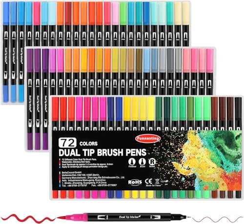 Funnasting 72 Colours Dual Tip Brush Pens, Brush Felt Tip Pen, Colouring Pens for Adults and Kids Colouring Books, Painting, Drawing, Sketching, Calligraphy