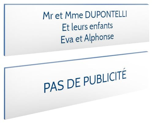 DECOHO - Plaque Boite aux Lettres Personnalisable - Lot de 2 plaques adhésives PMMA - Blanc Lettres Bleues - 100 x 25 mm, Gravure Laser,