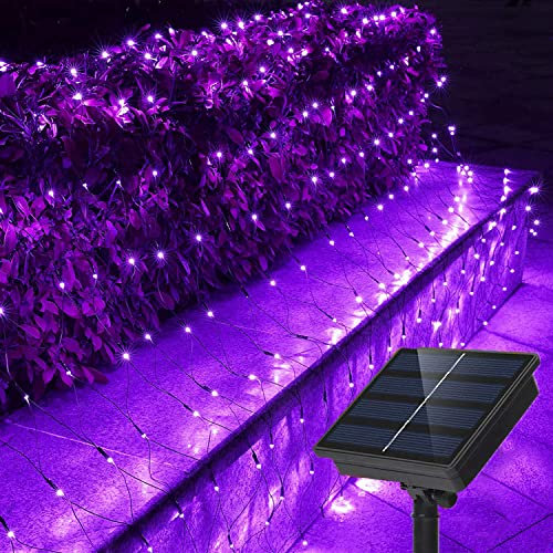 SUAVER Solar LED Lichternetz, Wasserfest 200LEDs Solar Lichterkette,3x2M Outdoor Lichtervorhang,8 Modi Net Mesh Deko Leuchte für Weihnachten Garten Party Hochzeit Schlafzimmer (Lila)