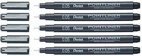 Pentel Pointliner S20P-05A Fineliner schwarz - wasserfest und lichtecht, 0,05 mm, 5er Pack (5 Stück)