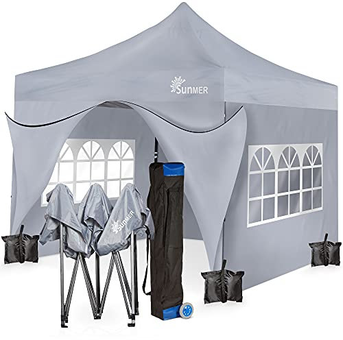 SUNMER 3x3M Pop-Up Gazebo with 4 Sides - Fully Waterproof (420D Oxford PVC) with Heavy Duty Rust-Resistant Steel Frame - Wheeled Carry Bag Included for Easy Transportation - Grey