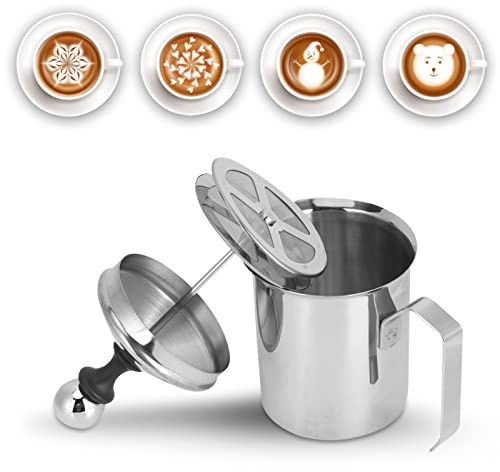 Manual Milk Frother, 14oz/400ml Stainless Steel Milk Foam Maker with Double Mesh Screen Handheld Frothing Pitcher Foamer for Coffee, Latte, Cappuccino, Frappe, Matcha, Hot Chocolate