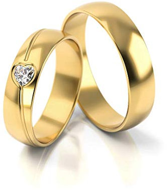 JC Trauringe Silber 925 Paarpreis Eheringe Gold Plattiert I Verlobungsringe breit 5,0 mm I Partnerringe mit Gravur in edler Schatulle I 2 Hochzeitsringe Herrenring & Damenring mit Stein I PL295-GP