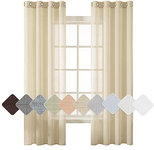 MIULEE 2er Set Voile Vorhang Sheer Leinenvorhang mit Ösen Transparente Leinen Optik Gardine Ösenschal Wohnzimmer Fensterschal Lichtdurchlässig Dekoschal Schlafzimmer 140x245cm (B x H) Beige