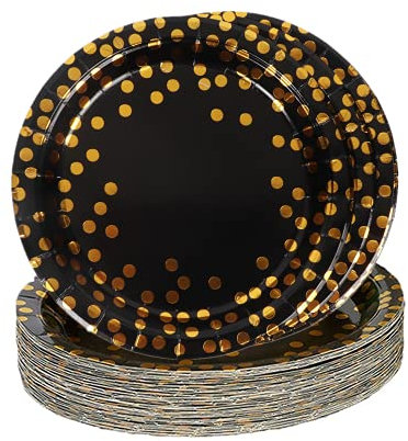 TOPWAYS Platos Desechables Cumpleaños, 48pcs 23cm Oro Negro Desechables Papel Elegantes Platos Fiesta Vajilla para Decoración Cumpleaños Niño Hombre Mujer, Bodas Aniversarios BBQ (9 pulgadas)