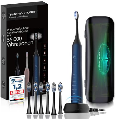Schallzahnbürste - 60 Tage Akku - 55 000 VPM - 5 Modi + inkl. UV-Reinigungsbox + 6 Zahnbürstenköpfe - Tristan Auron elektrische Zahnbürste in blau