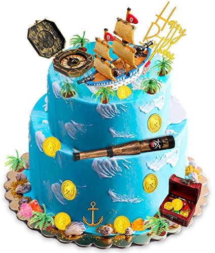 32 Pcs Pirate Ship Cake Topper Nautical Sailboat Model Decoration Set Gold Coins and Pirate Gems Kids Telescope Pirate Treasure Chest Compass Mini Palm Tree for Kids Pirate Birthday Party Supplies