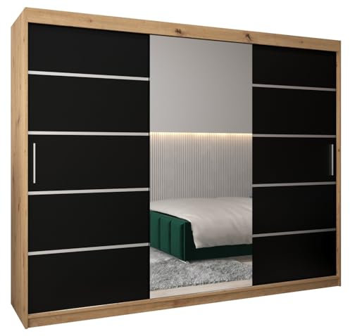 MEBLE KRYSPOL Kleiderschrank mit Spiegel Verona 2 - Garderobenschrank - Schrank Schlafzimmer - Mehrzweckschrank DREI Schiebetüren - Regalen - Flur Möbel - Kleiderstange Schrank - Allzweckschrank